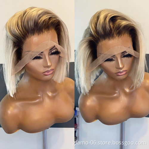 613 Custom Color Blonde Straight Peruvian Human Hair Short Pre-Plucked Transparent Lace Front Bob Wig